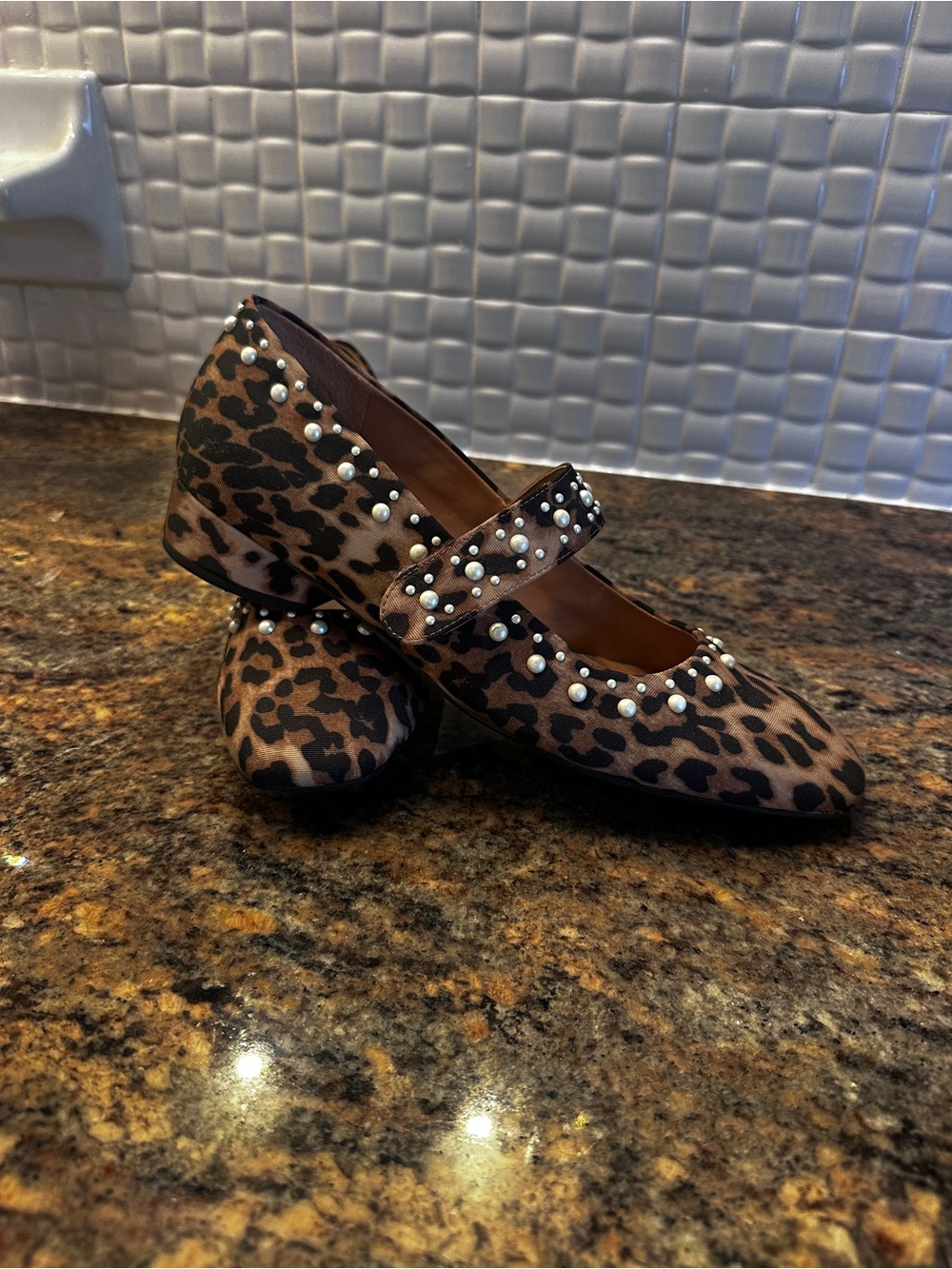 Copper Key Leopard-Print Pearl-Studded Mary Jane Flats - Brown/Black